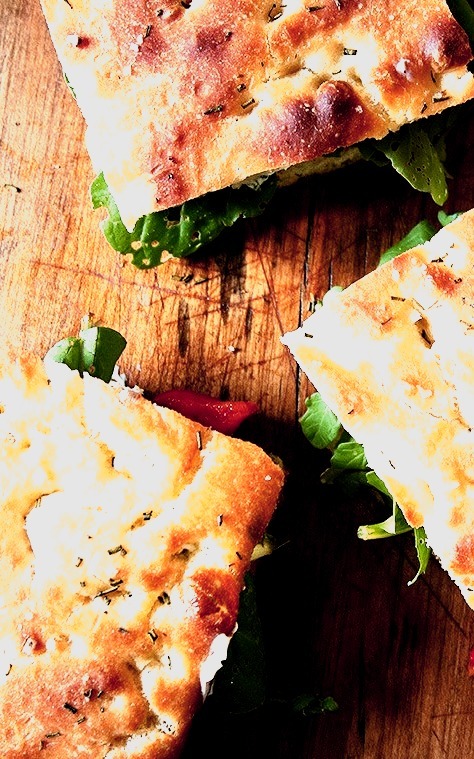 Focaccia, Roasted Red Pepper and Arugula Sandwiches
